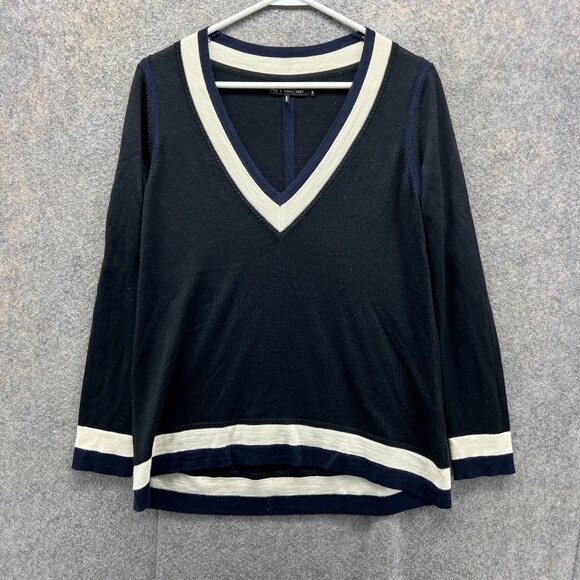 Rag & Bone Sweater Womens Small Black White Long Sleeve Knit Fleece V Neck - Picture 1 of 12
